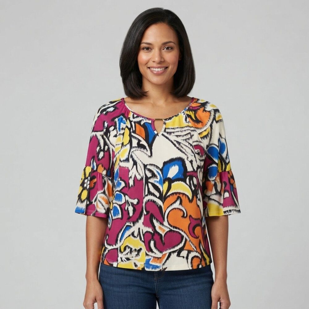 Emi & Joe Floral Colorful Blouse Small Flutter Bell Sleeves Key Hole Artsy Bold